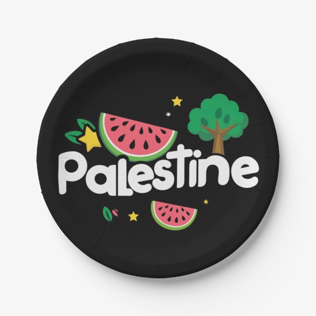 Cute Palestine word surrounded by watermelons tree Paper Plates (Front)