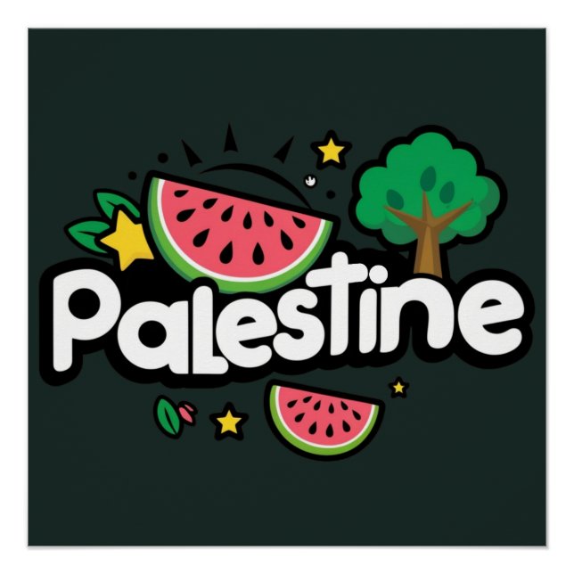 Cute Palestine word surrounded by watermelons tree Poster (Front)