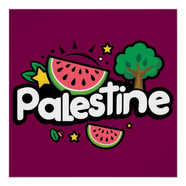 Cute Palestine word surrounded by watermelons tree Poster (Front)