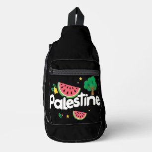 Cute Palestine word surrounded by watermelons tree Sling Bag
