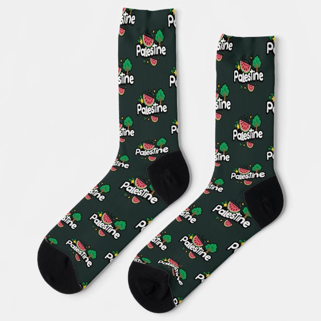Cute Palestine word surrounded by watermelons tree Socks (Left)