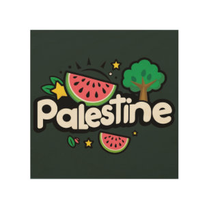 Cute Palestine word surrounded by watermelons tree Wood Wall Art