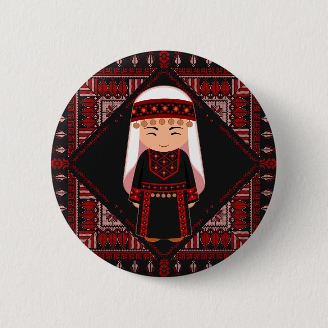 cute Palestinian girl Embroidery red tatreez   Button (Front)