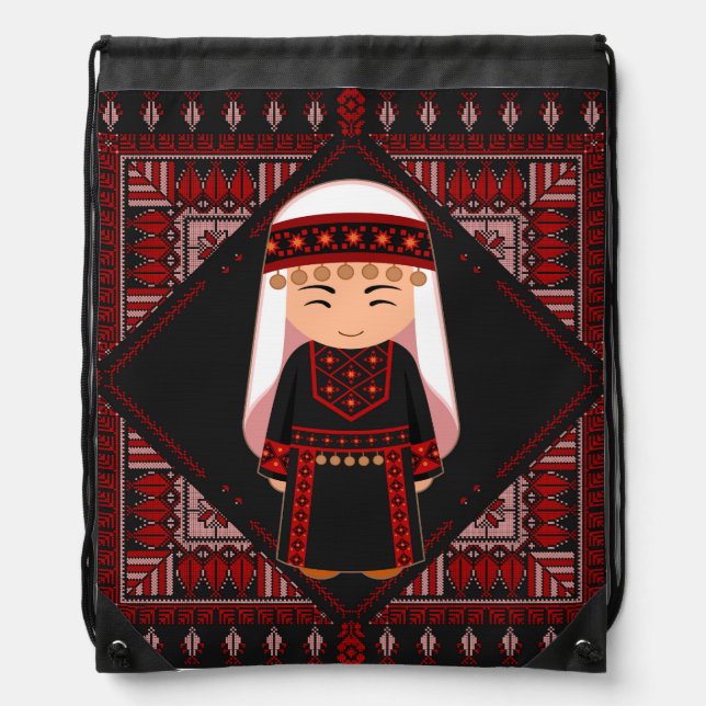 cute Palestinian girl Embroidery red tatreez   Drawstring Bag (Front)