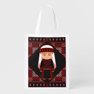 cute Palestinian girl Embroidery red tatreez   Grocery Bag