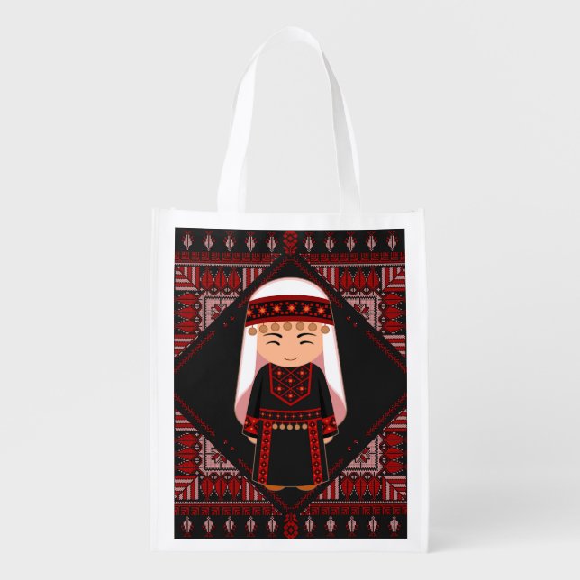 cute Palestinian girl Embroidery red tatreez   Grocery Bag (Front)