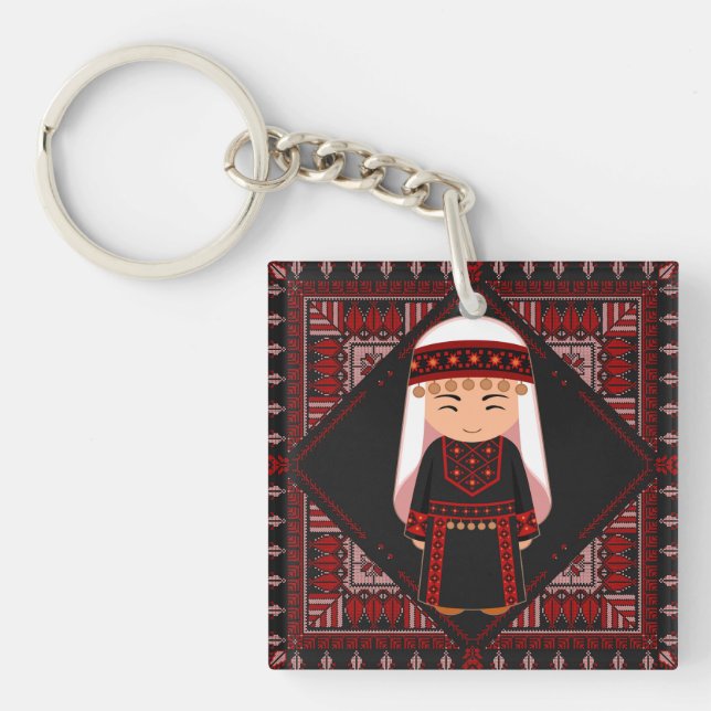 cute Palestinian girl Embroidery red tatreez   Keychain (Front)