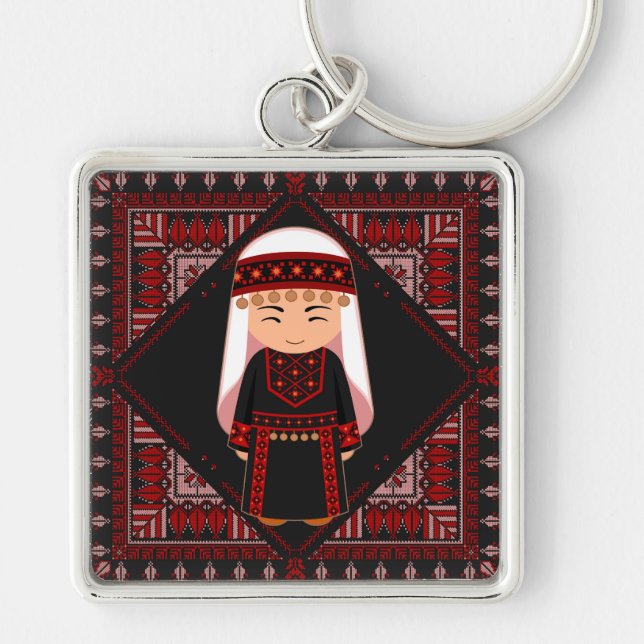 cute Palestinian girl Embroidery red tatreez   Keychain (Front)