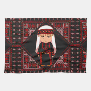 cute Palestinian girl Embroidery red tatreez Kitchen Towel
