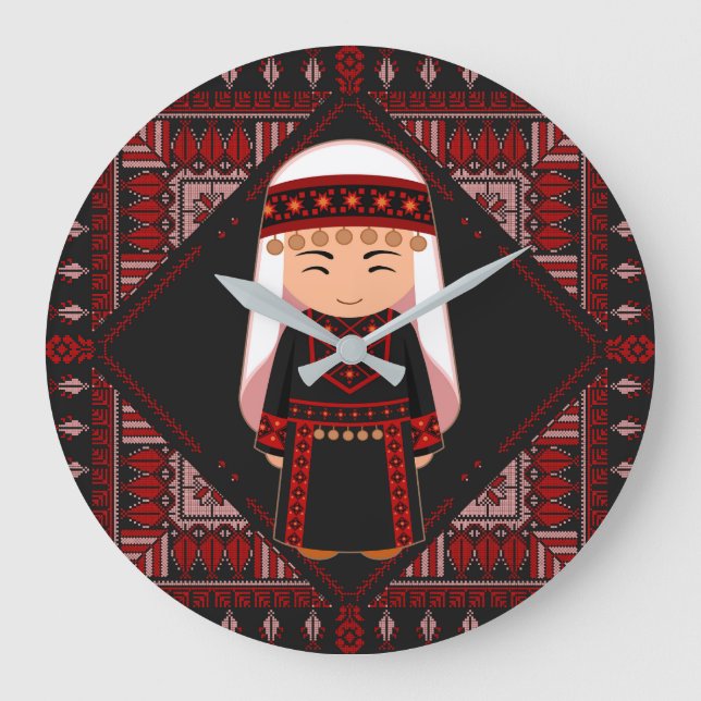 cute Palestinian girl Embroidery red tatreez   Large Clock (Front)