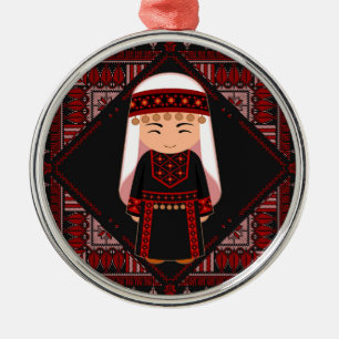 cute Palestinian girl Embroidery red tatreez Metal Ornament