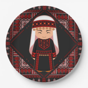 cute Palestinian girl Embroidery red tatreez Paper Plates