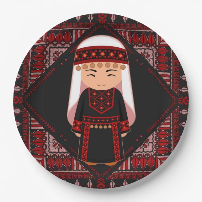 cute Palestinian girl Embroidery red tatreez   Paper Plates (Front)