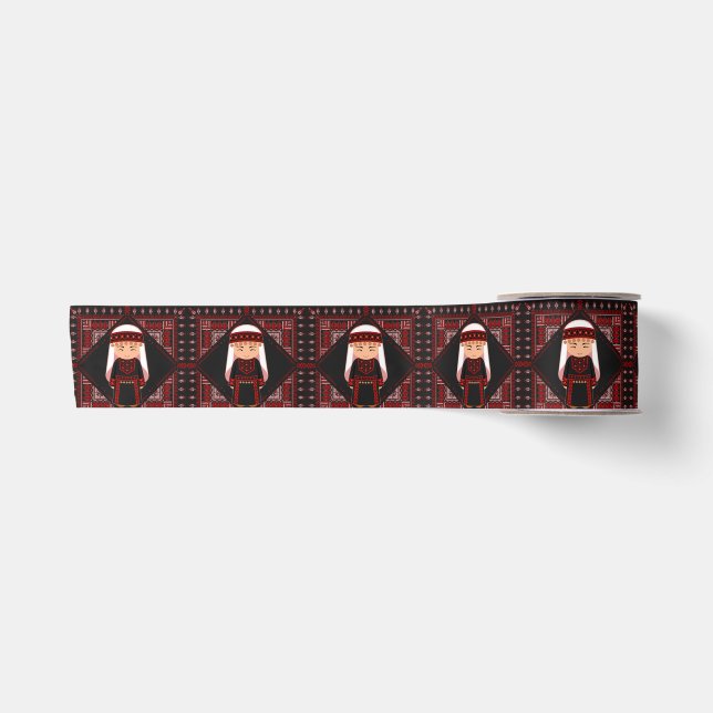 cute Palestinian girl Embroidery red tatreez   Satin Ribbon (Front)