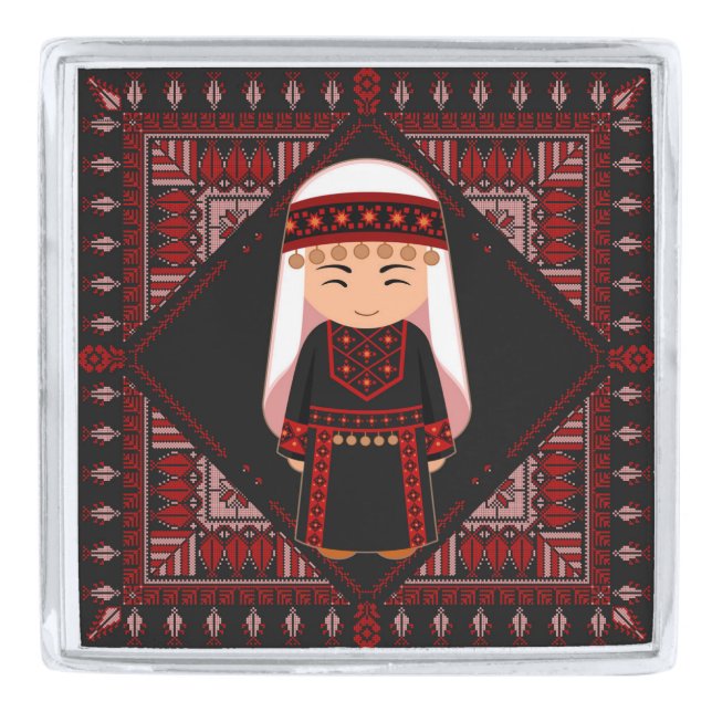 cute Palestinian girl Embroidery red tatreez   Silver Finish Lapel Pin (Front)