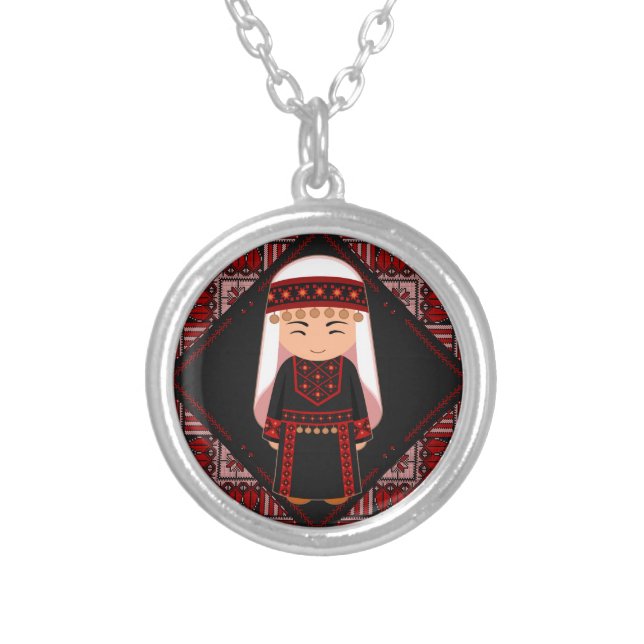 cute Palestinian girl Embroidery red tatreez   Silver Plated Necklace (Front)