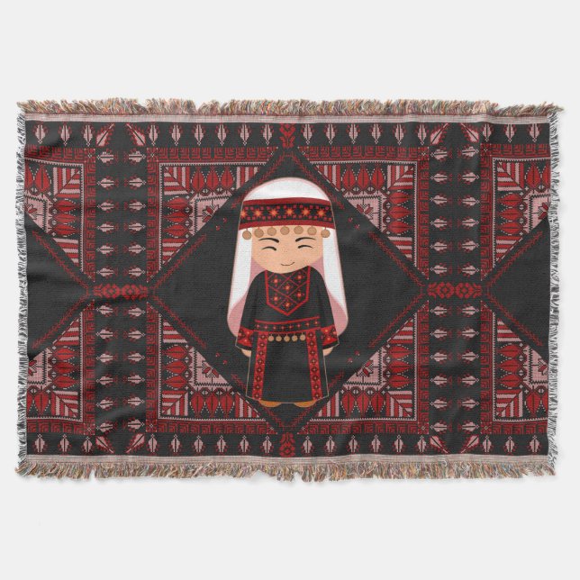 cute Palestinian girl Embroidery red tatreez   Throw Blanket (Front)
