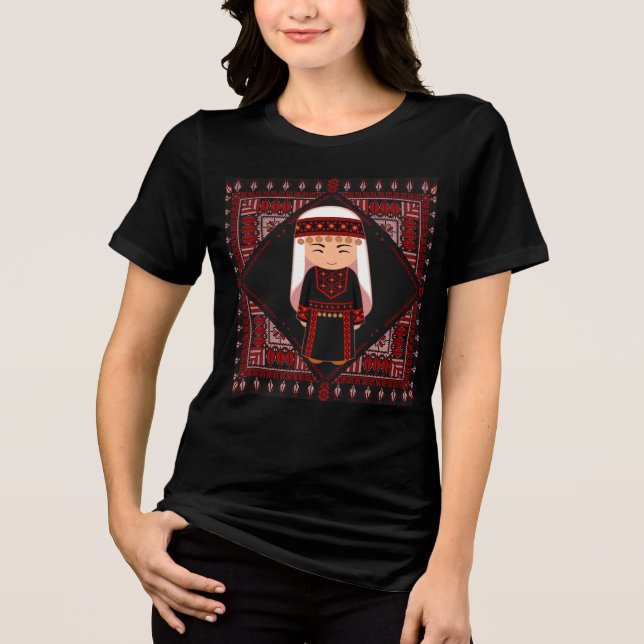 cute Palestinian girl Embroidery red tatreez   Tri-Blend Shirt (Front)
