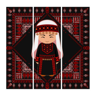 cute Palestinian girl Embroidery red tatreez Triptych