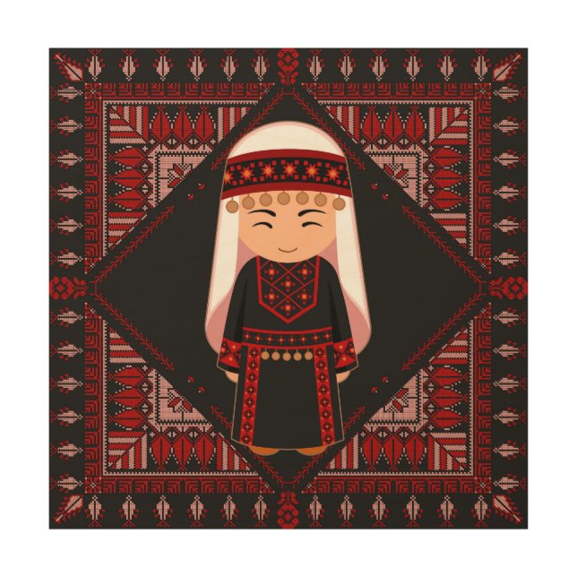 cute Palestinian girl Embroidery red tatreez   Wood Wall Art (Front)