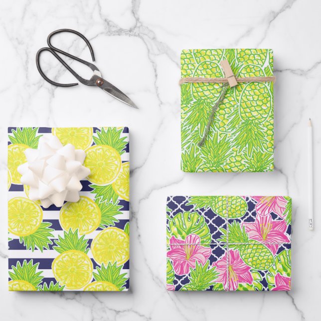 Cute Palm Beach Pineapples and Lemons Wrapping Paper Sheets (Front)