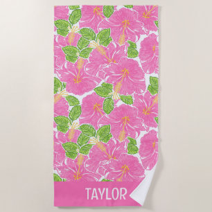 Cute Palm Beach Pink Hibiscus Flowers Beach Towel