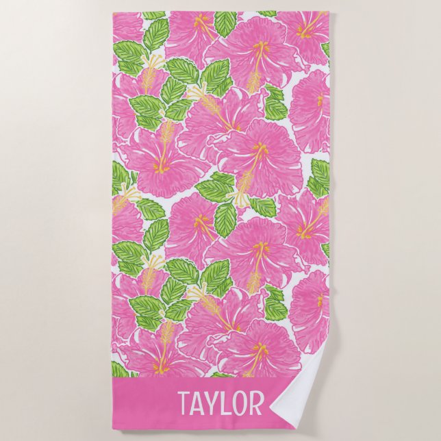 Cute Palm Beach Pink Hibiscus Flowers Beach Towel (Front)