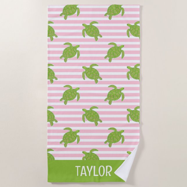 Cute Palm Beach Pink Rugby Stripes Turtles Towel (Front)