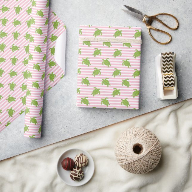 Cute Palm Beach Pink Stripes and Turtles Wrapping Paper (Crafts)