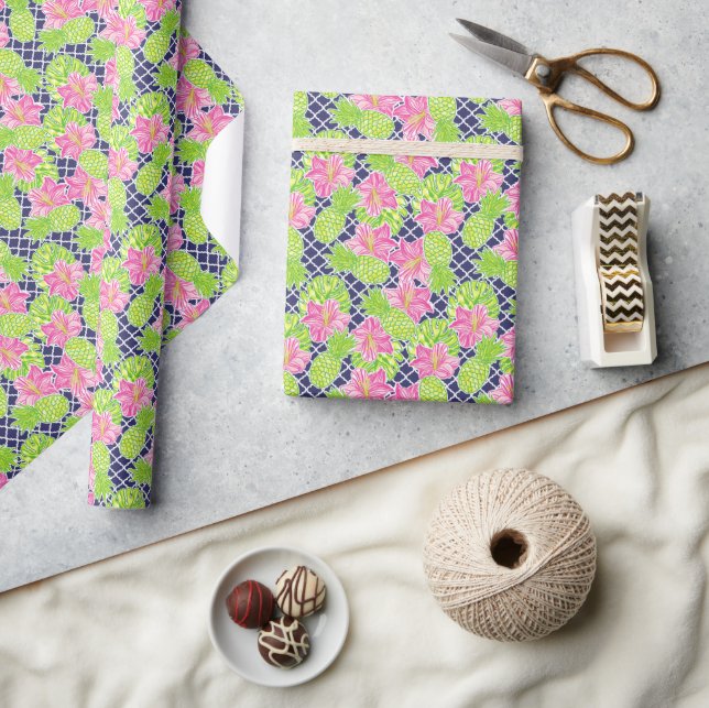 Cute Palm Beach Tropical Flowers & Pineapples Wrapping Paper (Crafts)