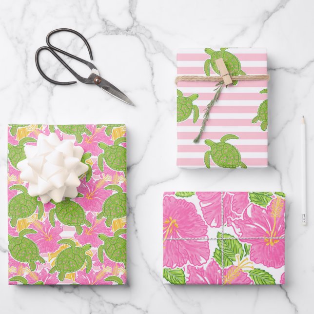 Cute Palm Beach Tropical Flowers & Turtles Wrapping Paper Sheets (Front)
