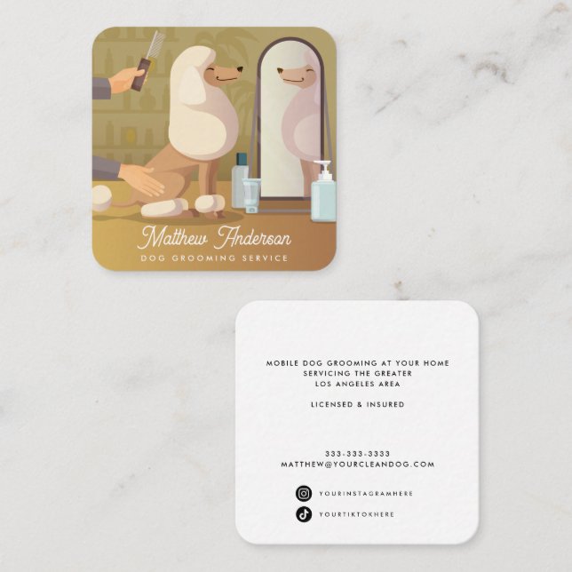 Cute Pampered Dog Groomer Pet Care Square Business Card (Front/Back)