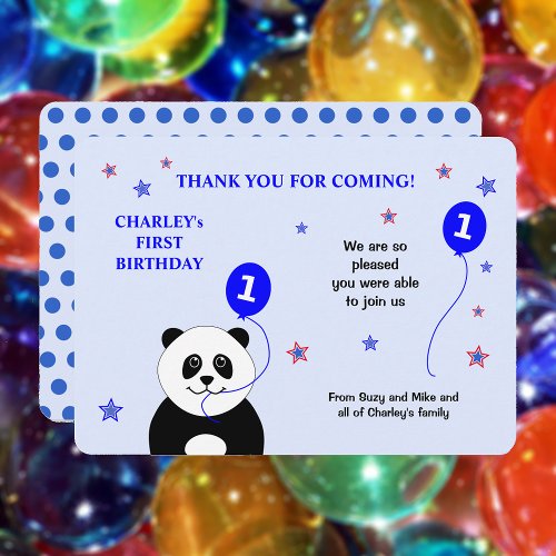 Cute panda 1st birthday party blue thank you card