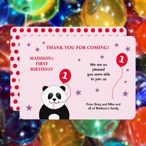 Cute panda 1st birthday party pink thank you card