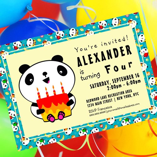 Cute Panda 4th Birthday Kids Party Invitation