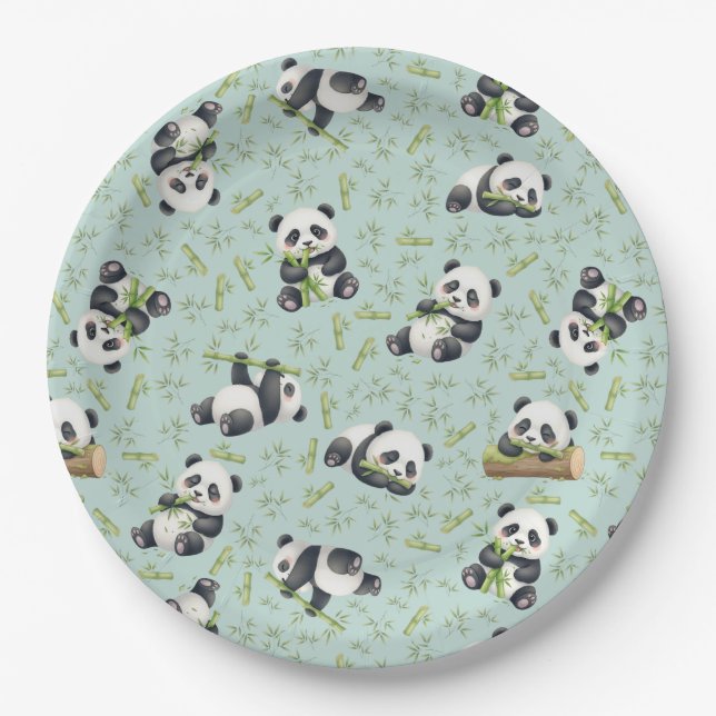 Cute Panda and Bamboo Seamless Pattern Paper Plates (Front)