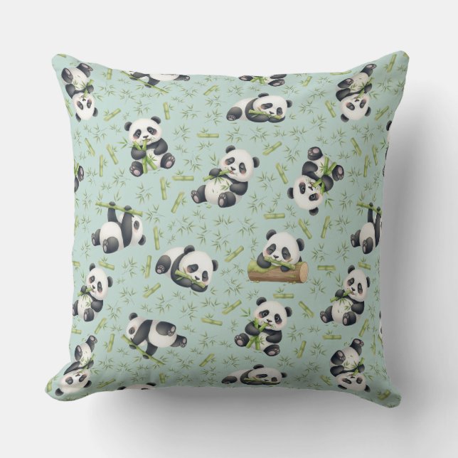 Cute Panda and Bamboo Seamless Pattern Throw Pillow (Front)