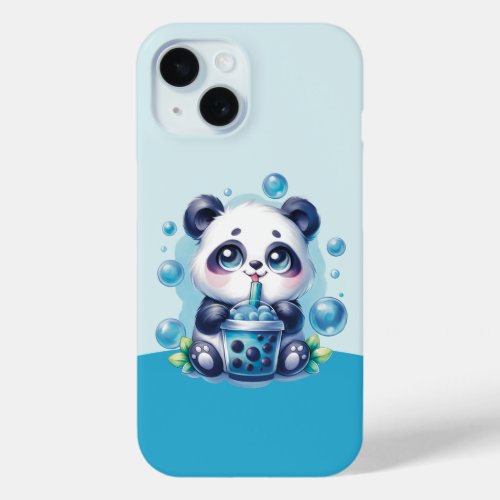 Cute Panda and Blue Boba Bubble Tea iPhone 15 Case