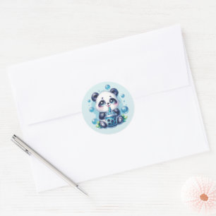 Cute Panda and Blue Boba Bubble Tea Classic Round Sticker