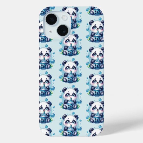 Cute Panda and Blue Boba Bubble Tea Pattern iPhone 15 Case