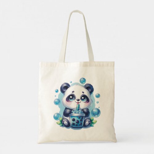 Cute Panda and Blue Boba Bubble Tea Tote Bag