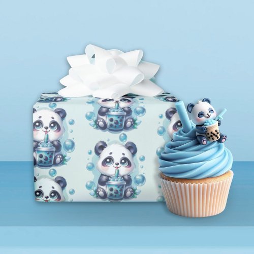 Cute Panda and Blue Boba Bubble Tea Wrapping Paper