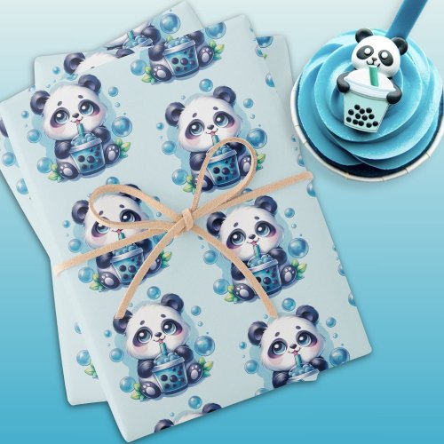 Cute Panda and Blue Boba Bubble Tea Wrapping Paper Sheets