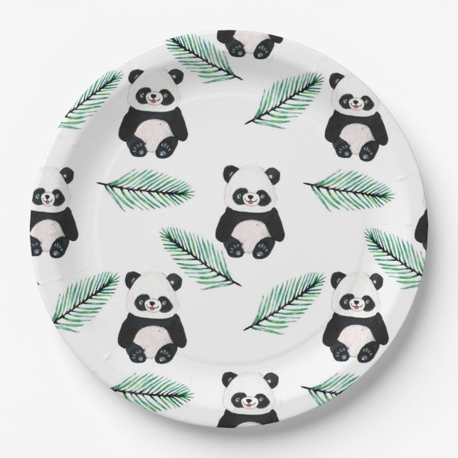 Cute panda and palm leaf pattern paper plates (Front)