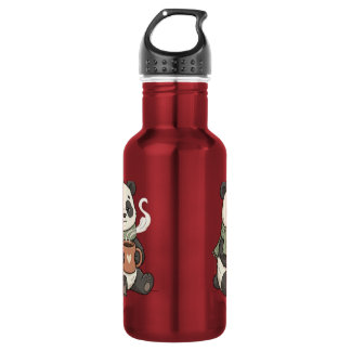 Cute Panda - Animal Cafe Illustration Stainless Steel Water Bottle