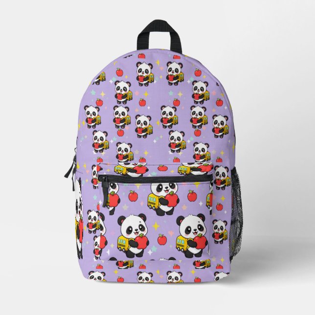 Cute Panda Apple School Pattern Purple Printed Backpack (Front)