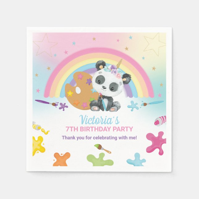 Cute Panda Art Craft Paint Party Rainbow Birthday Napkins (Front)