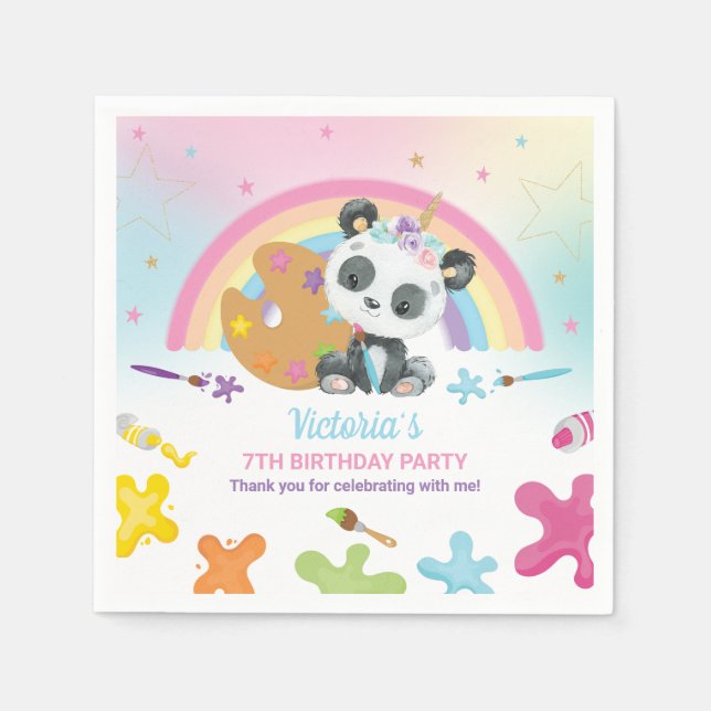 Cute Panda Art Craft Party Rainbow Birthday Napkins (Front)