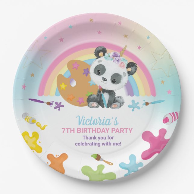 Cute Panda Art Craft Party Rainbow Birthday   Paper Plates (Front)