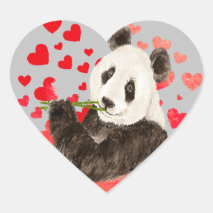 Cute Panda, Asian Bear, Watercolor Love Hearts Heart Sticker